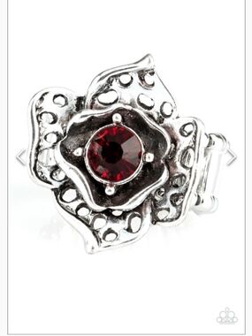Glowing Gardens Paparazzi Silver Flower Ring with Deep Red Crystal Center